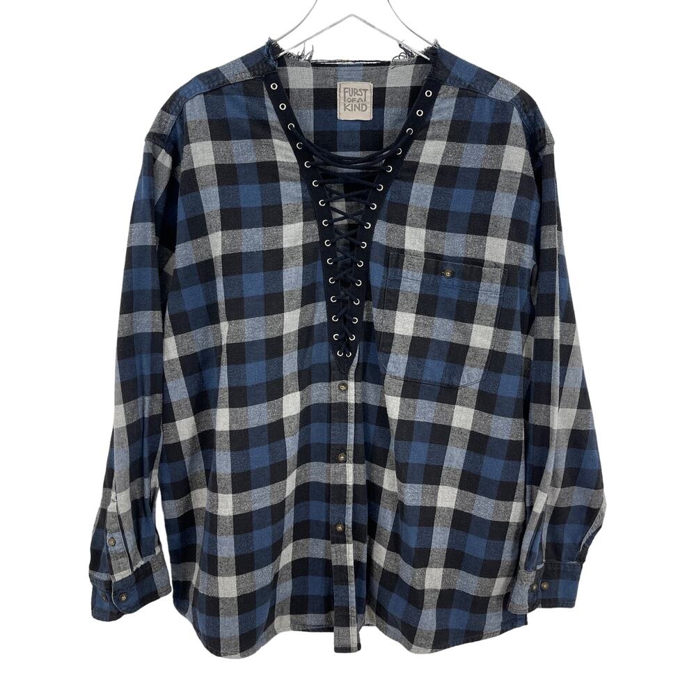 LF Furst of a Kind Upcycled Blue Black Plaid Flannel Shirt Lace Up Neck Size XXL